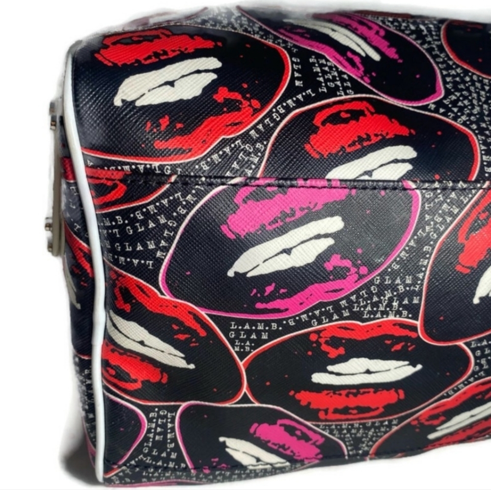 L.A.M.B. Worthington Satchel - Kiss 4 Me Print Black and Pink Women's Bag - Picture 5 of 11